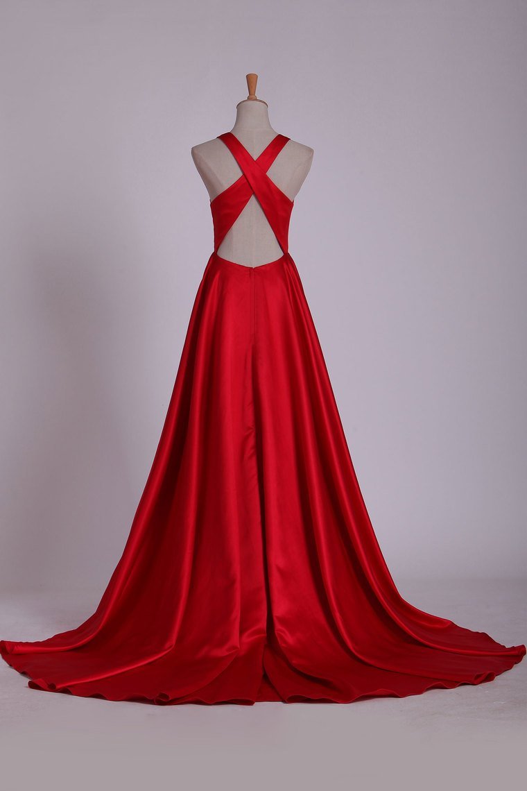 Red V Neck Evening Dresses A Line Sweep Train With Slit &
