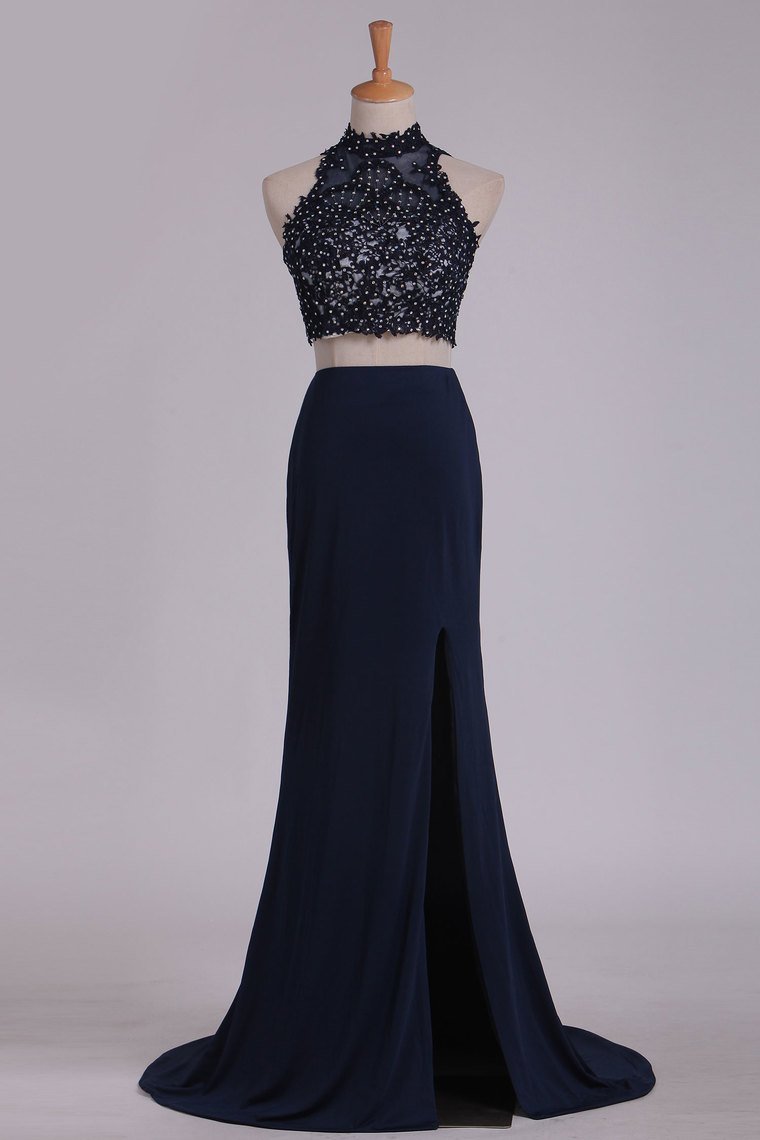 Two-Piece High Neck Open Back Sheath Prom Dresses Spandex With Beads And