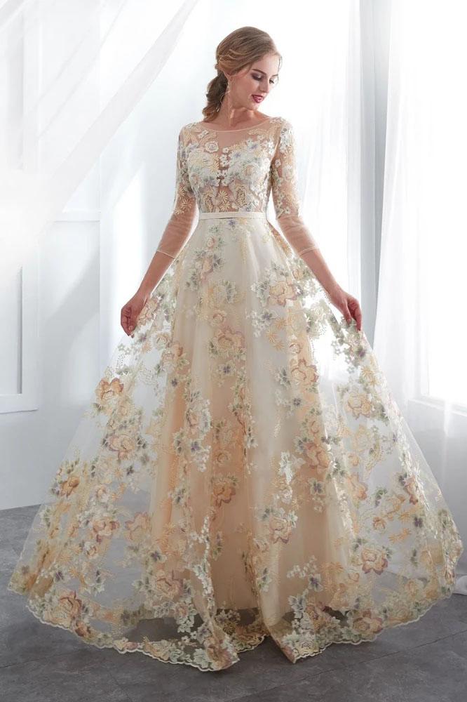 Charming A Line Floral Scoop Prom Dresses 3/4 Sleeves Empire Waist Long Evening Gowns STC15088