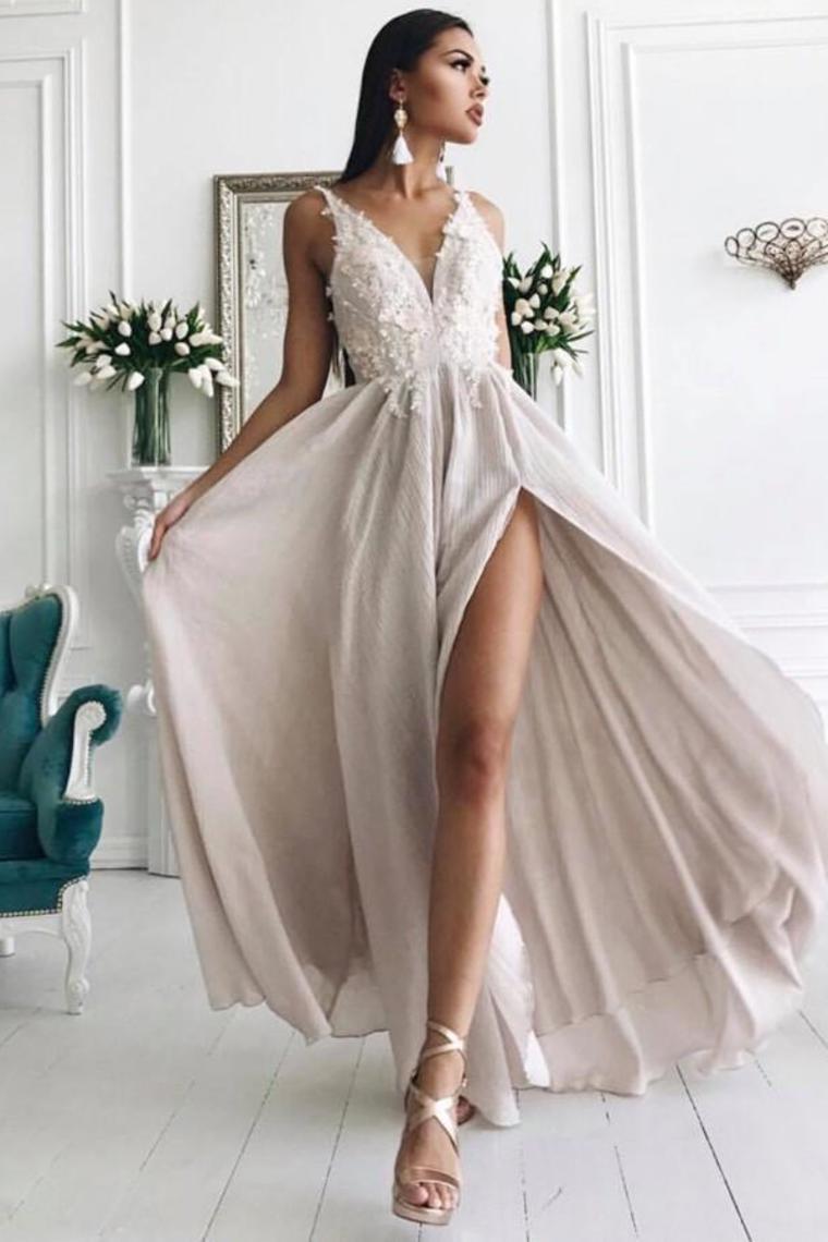 Flowy Front Split Long Ivory Lace V-Neck Prom Dresses Evening