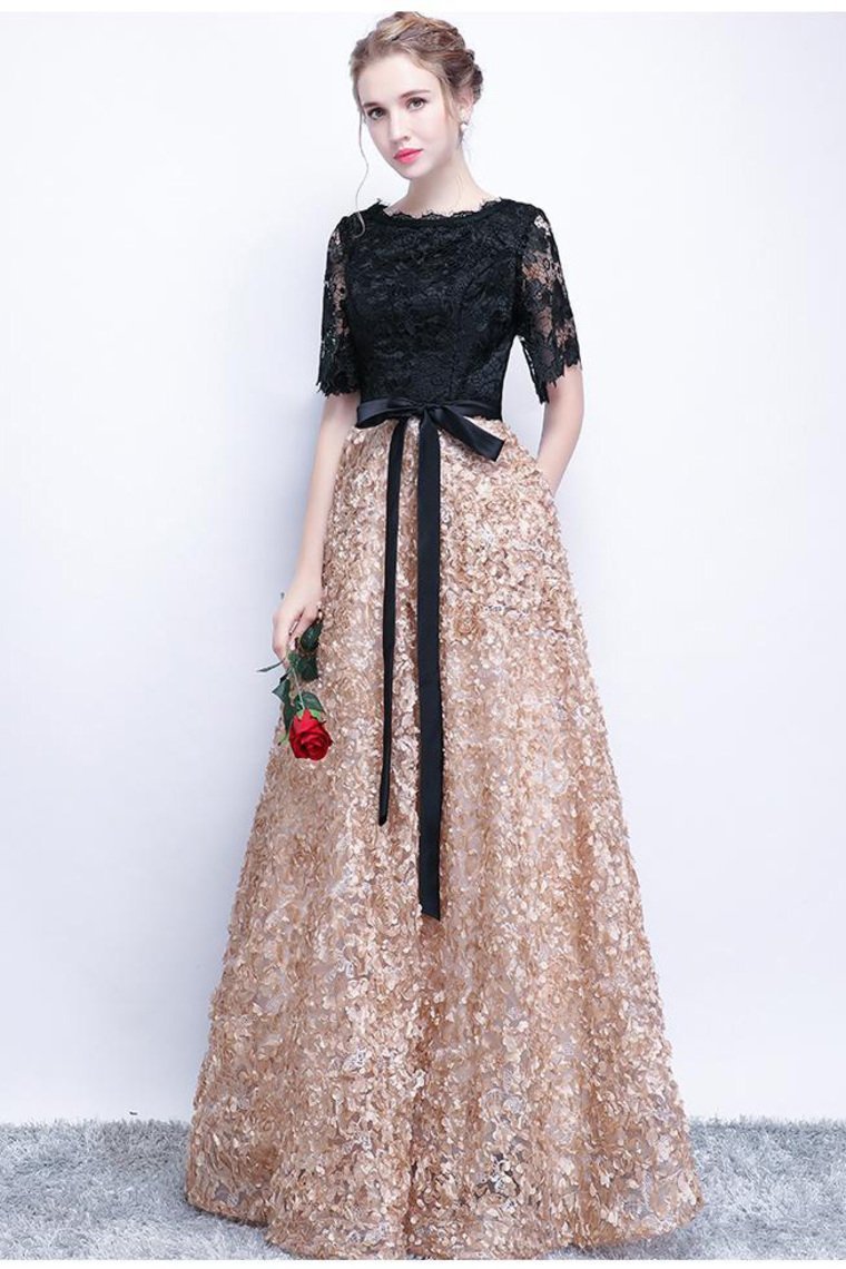 2024 Black Prom Dresses A-Line Half Sleeve Long Prom Dress Sexy Evening