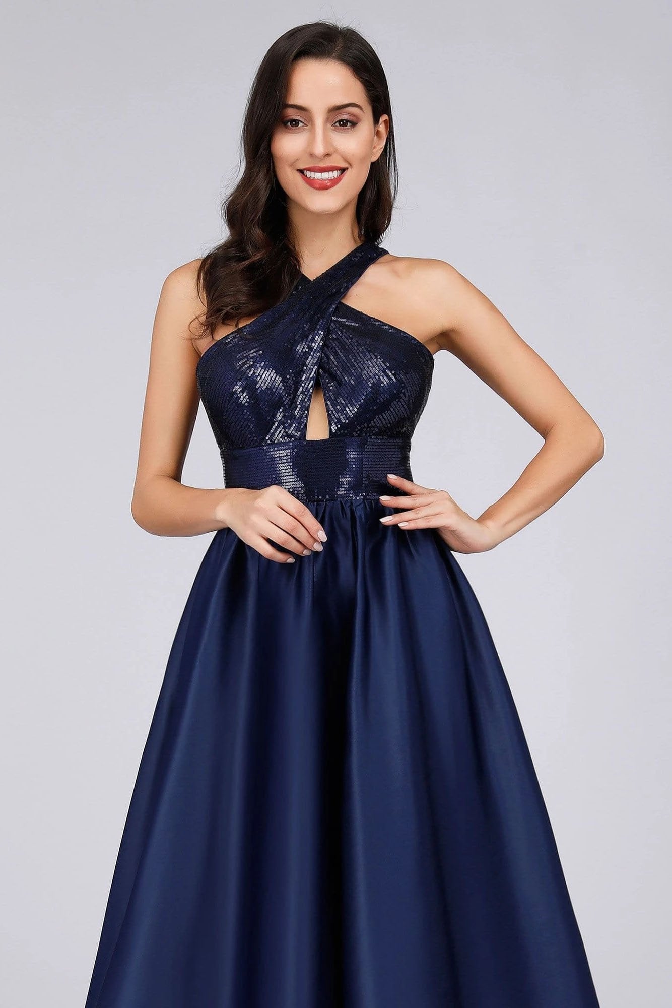 Cold Shoulder Sequin Navy Blue Prom Dresses Backless Satin Long Evening Dresses STC15132