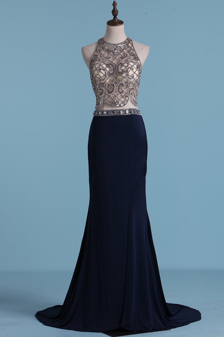 Two Pieces Prom Dresses Sheath With Beading And Slit Sweep