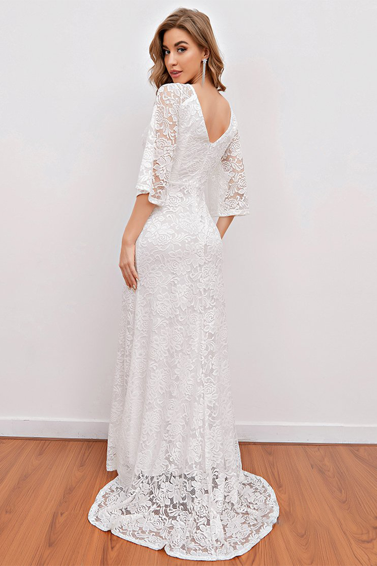 Elegant V Neck White Bridesmaid Dress with 3/4 Sleeves