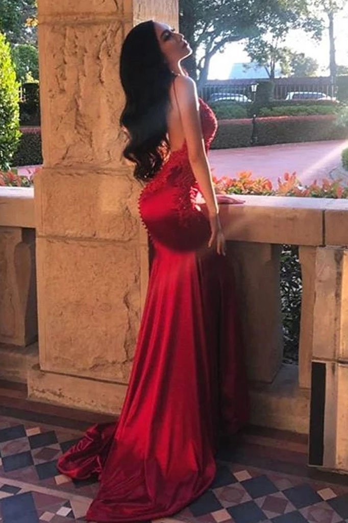 Chic Red Spaghetti Straps Mermaid V Neck Prom Dresses with Appliques, Formal Dresses STC15571