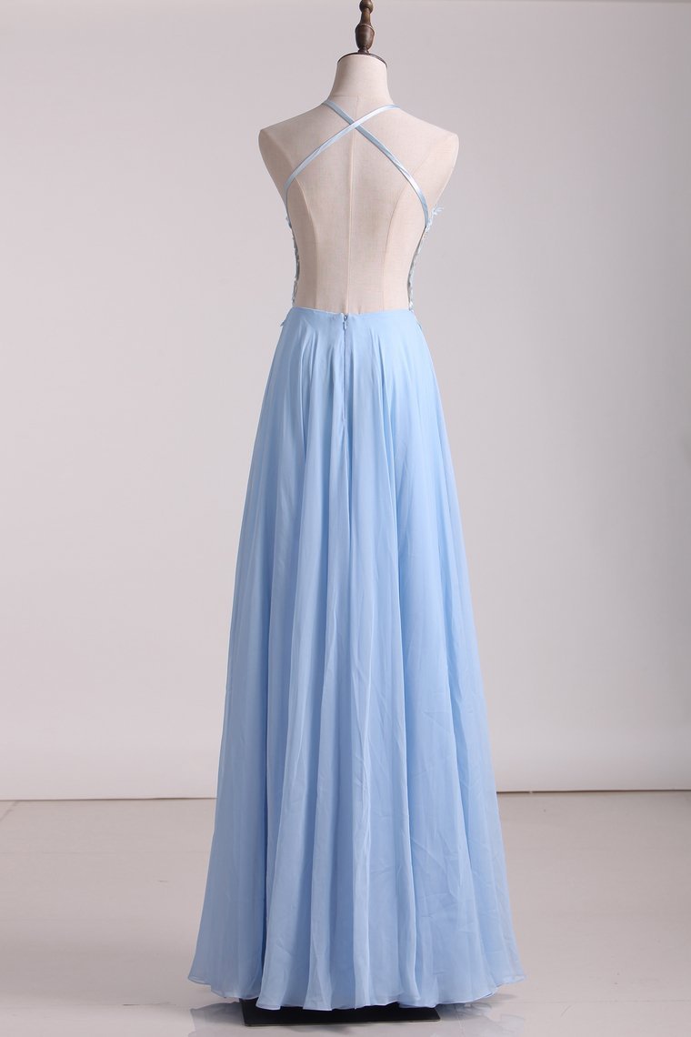 Open Back A Line Prom Dresses Chiffon With Applique And Beads