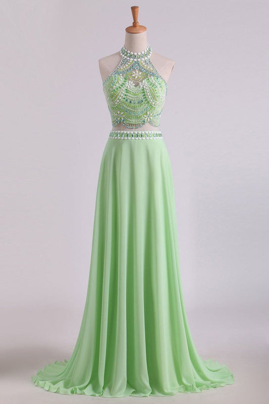 Two Pieces Prom Dresses Halter A Line Chiffon Sweep Train With
