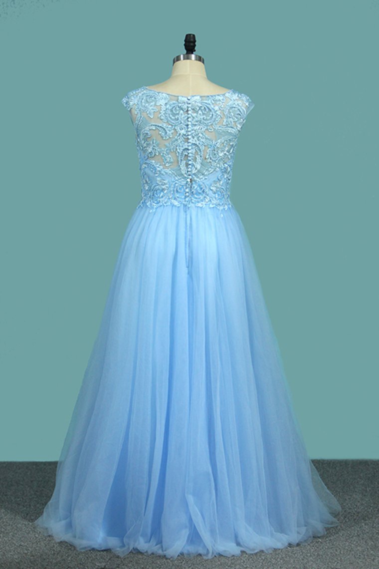 2024 A Line V Neck Tulle Prom Dresses With Applique And Beads Floor