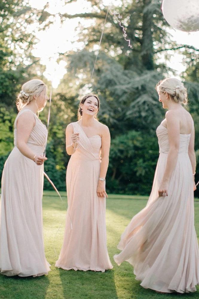 A Line Pink One Shoulder Chiffon Long Simple Bridesmaid Dresses, Wedding Party Dresses STC15552