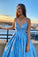 A Line Spaghetti Straps Blue Lace V Neck Prom Dresses with Lace up, Long Dance Dresses STC15025