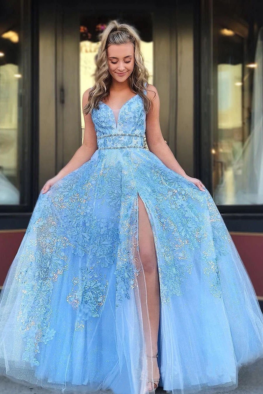 Elegant A Line Lace Appliques Blue V Neck Prom Dresses, Long Evening STC15635