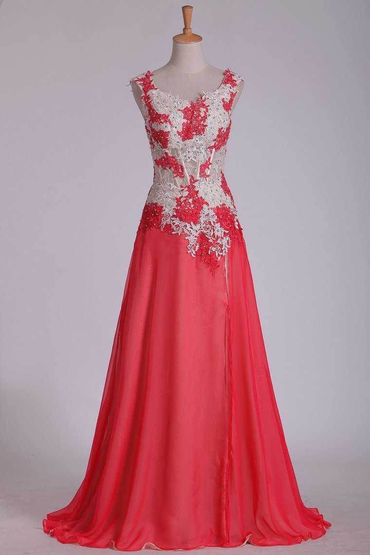 Straps Prom Dresses A Line Chiffon With Applique And Beads Sweep
