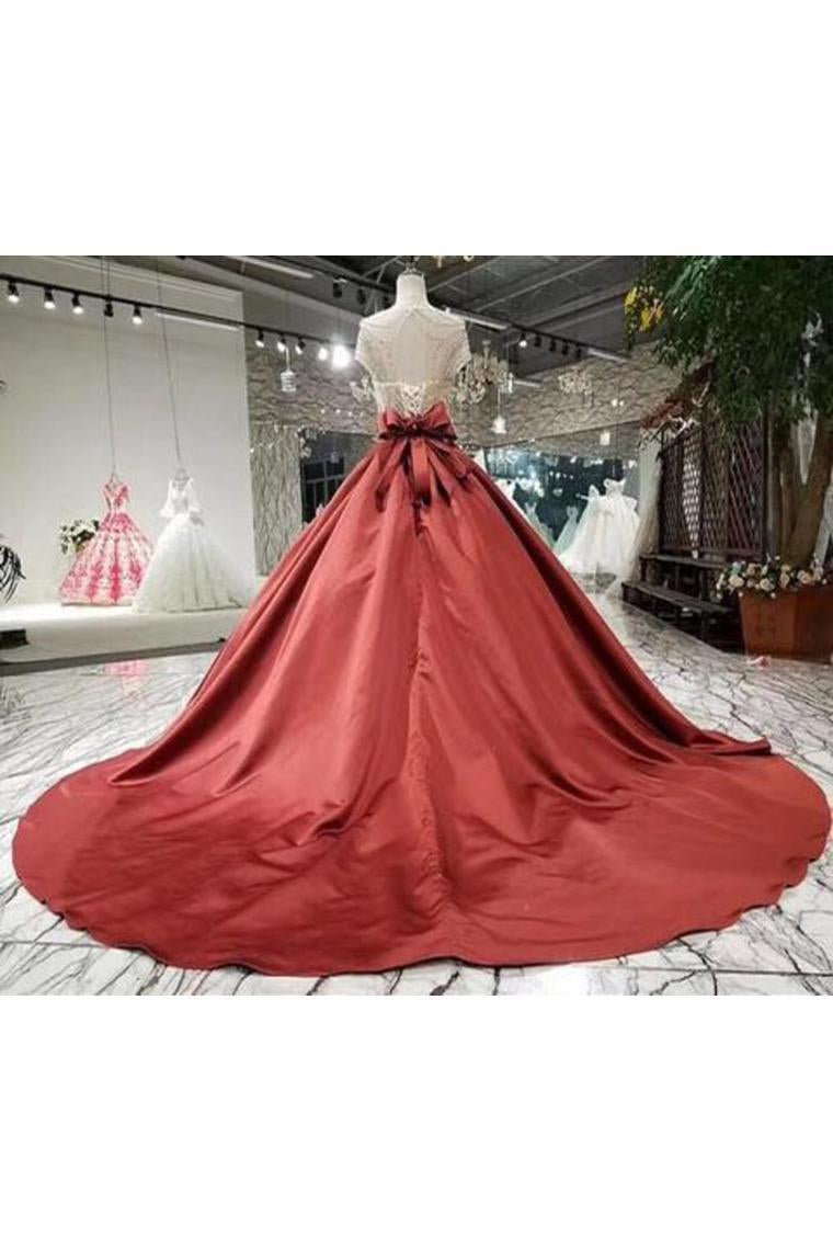 Ball Gown Satin Prom Dress With Beading, Long Formal Dresses With Short