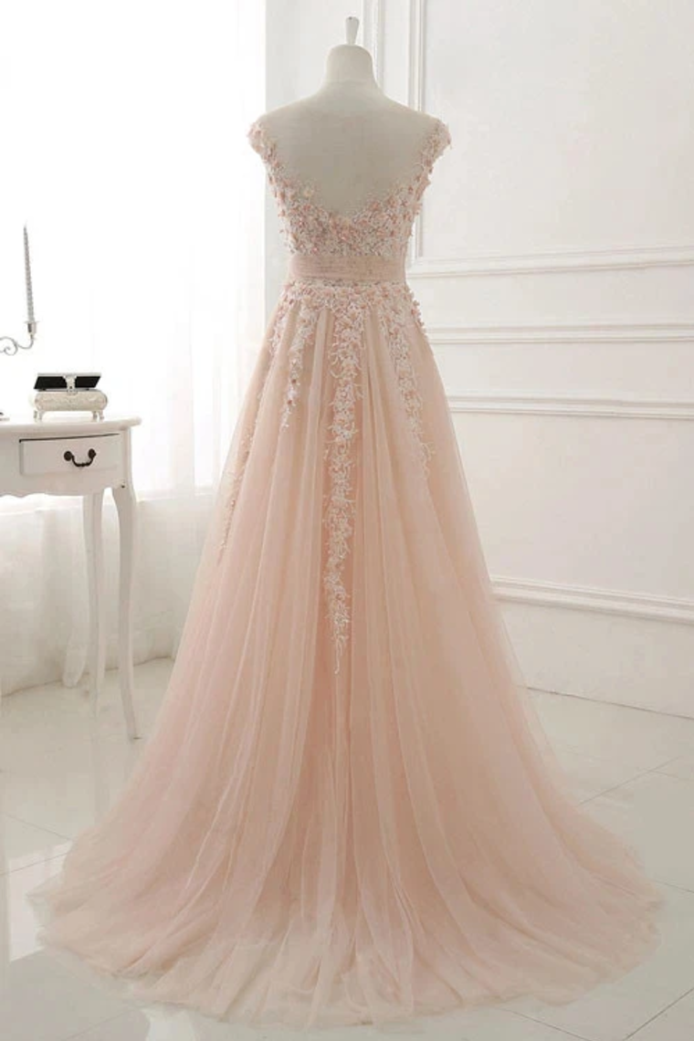 A Line Sheer Neck Cap Sleeves Tulle Prom Dresses Appliques Sweep Train Formal STCPTEXZSTC