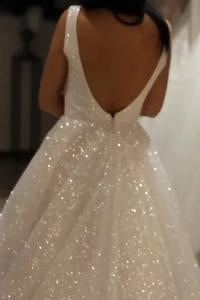 Shiny Ivory Sequins V Neck Backless Straps Wedding Dresses, Beach Bridal Dresses STC15375