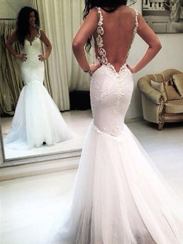 Elegant Mermaid White V Neck Appliques Wedding Dresses, Tulle Beach Wedding Gowns STC15183