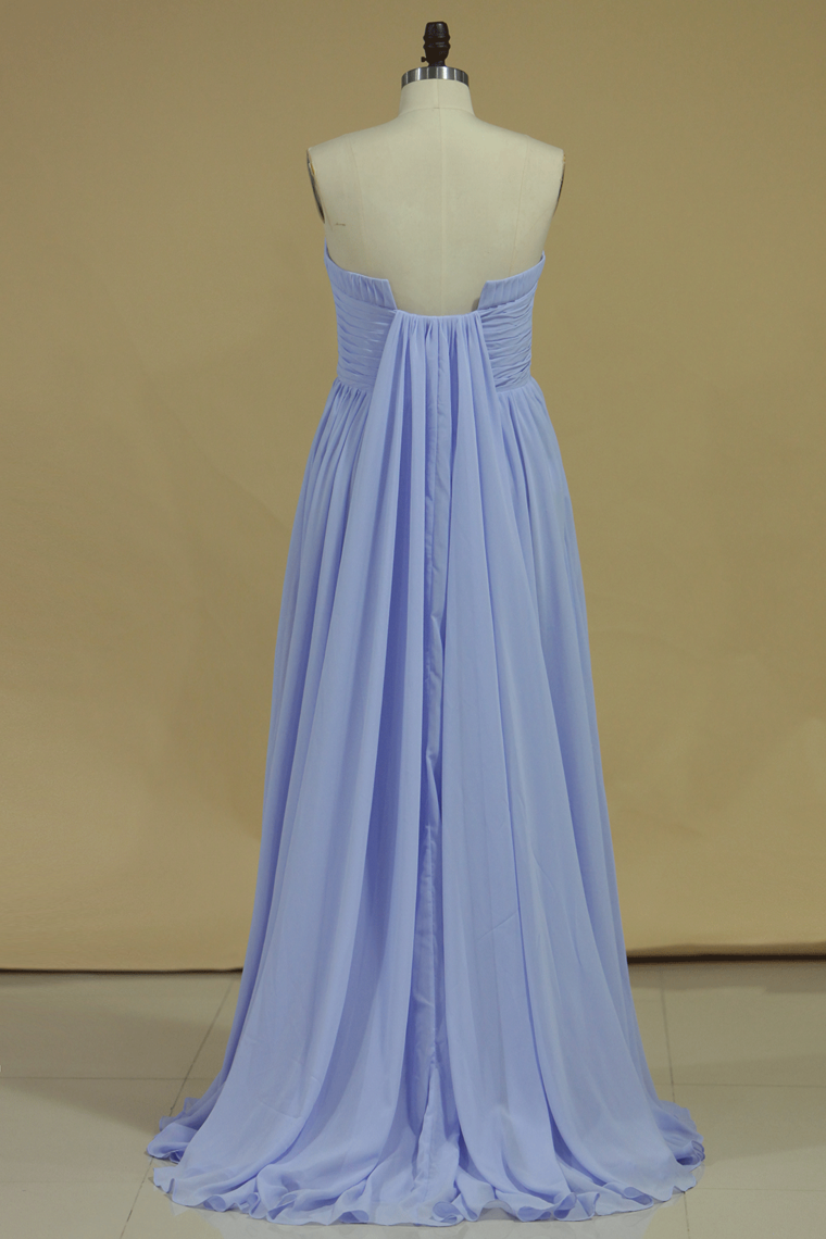 Chiffon Strapless Prom Dresses A Line With Slit And Ruffles