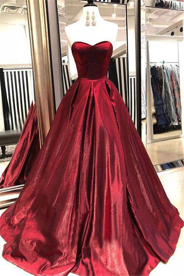 Unique A Line Burgundy Sweetheart Strapless Satin Prom Dresses, Simple Party Dress STC15602
