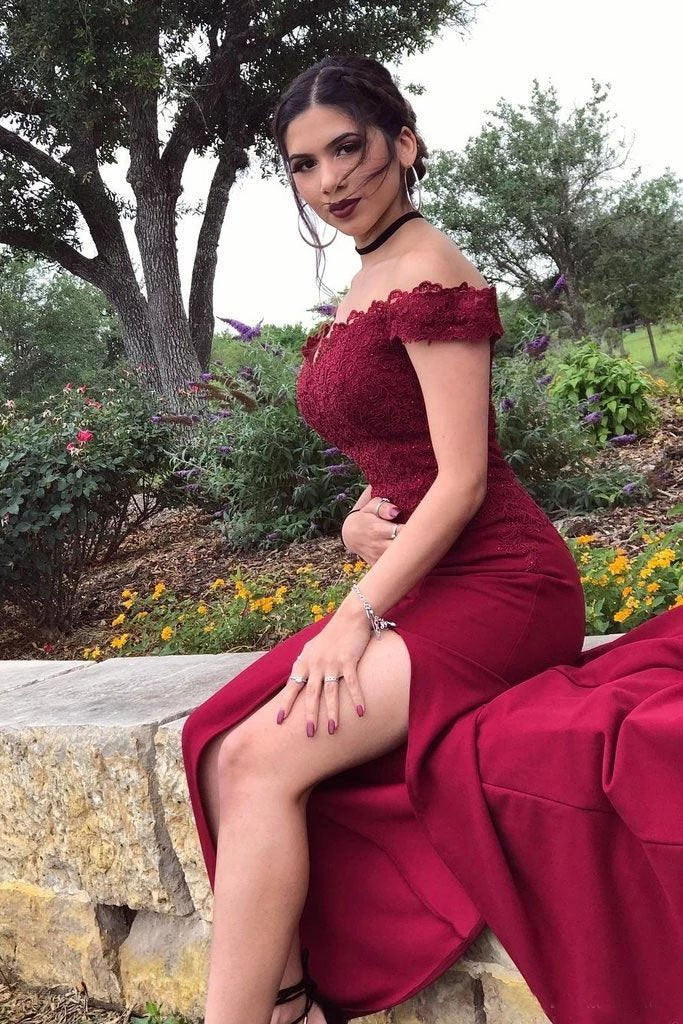 Mermaid Off the Shoulder Burgundy Prom Dresses with Slit, Lace Appliques Evening Dress STC15264