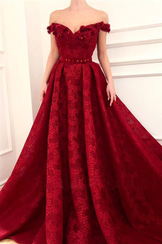 Charming Red Lace Off the Shoulder Prom Dresses, V Neck Handmade Flowers Party Dresses STC15121