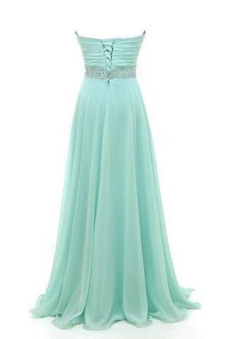 Gorgeous Sweetheart A-line Strapless Chiffon Crystal Floor-Length Long Prom Dresses