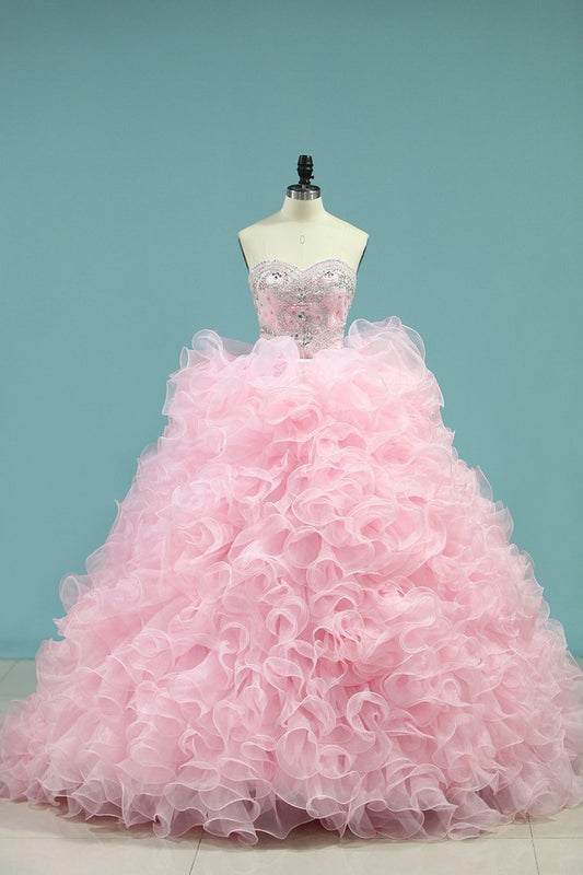 2024 Organza Quinceanera Dresses Sweetheart With Beads And Applique Court Train