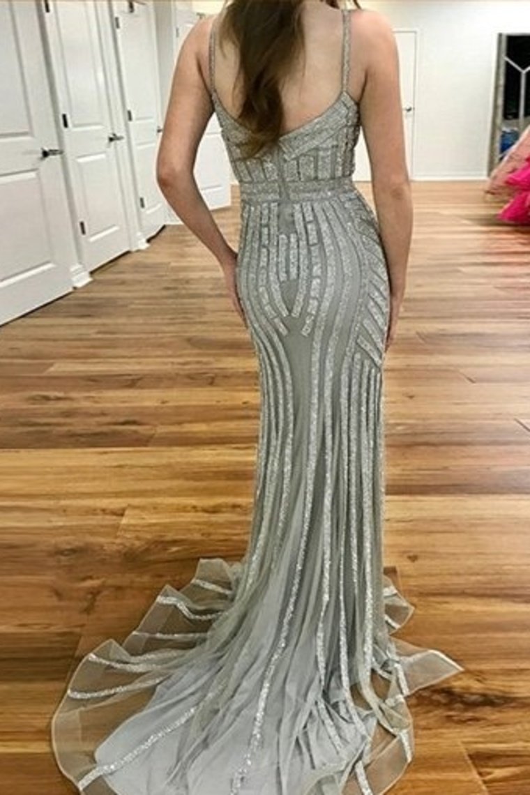 Sparkly Long Sheath Mermaid Spaghetti Straps Prom Dresses Evening