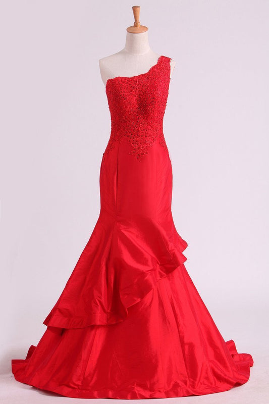 Red One Shoulder Mermaid Prom Dresses Taffeta With Applique &