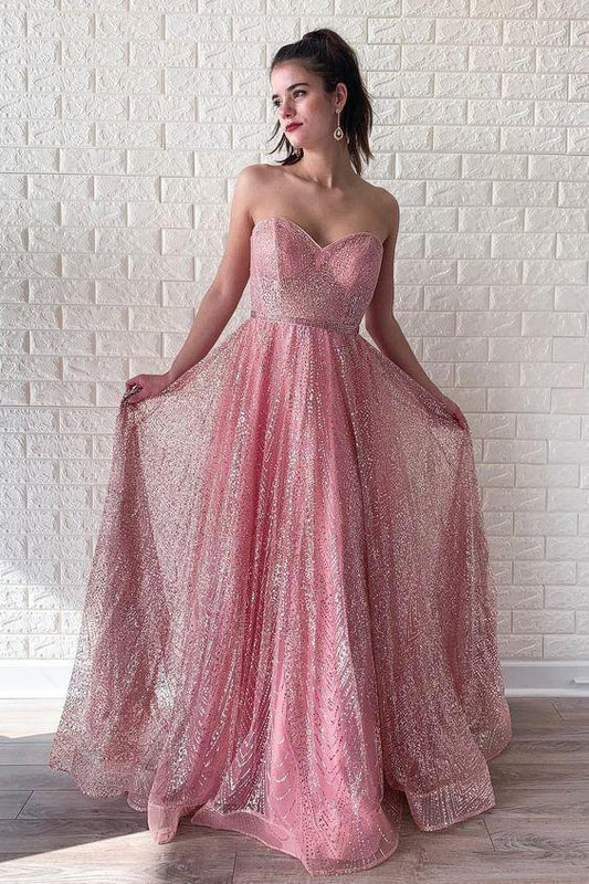 A Line Pink Sequins Strapless Sweetheart Prom Dresses, Sleeveless Party Dresses STC15014