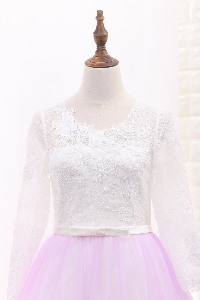 A Line Long Sleeves Tulle Scoop Flower Girl Dresses With Applique And