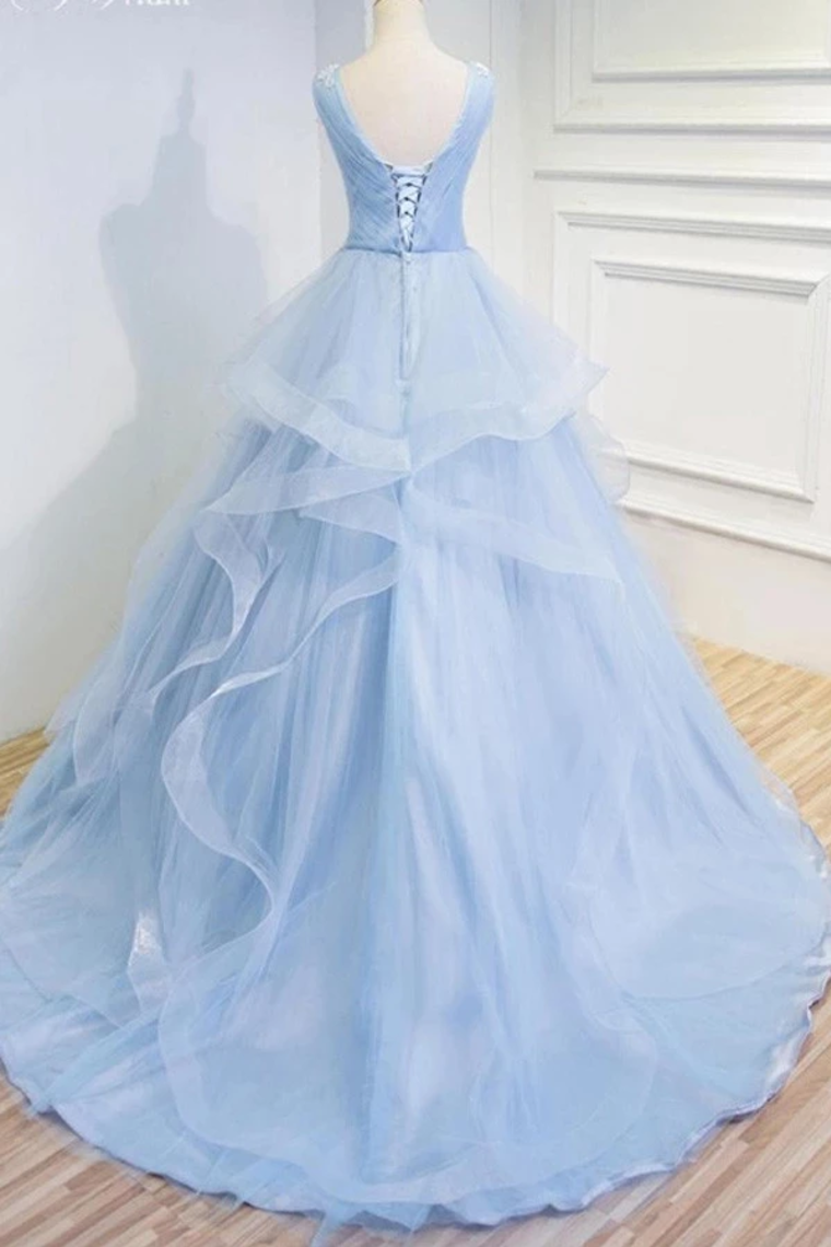 Puffy V Neck Sleeveless Tulle Prom Dress With Appliques Quinceanera STCP4EM4EZY