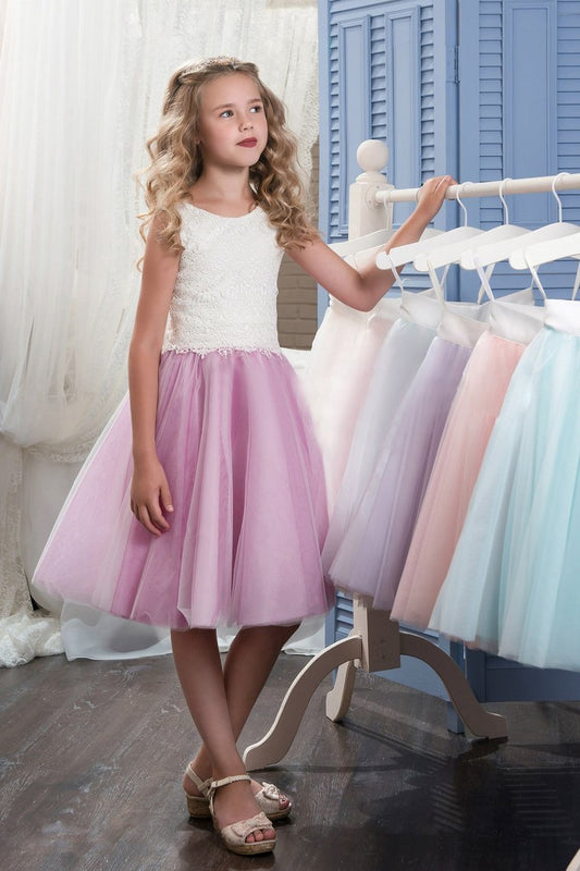2024 Bicolor Scoop Tulle & Lace A Line Knee Length Flower Girl