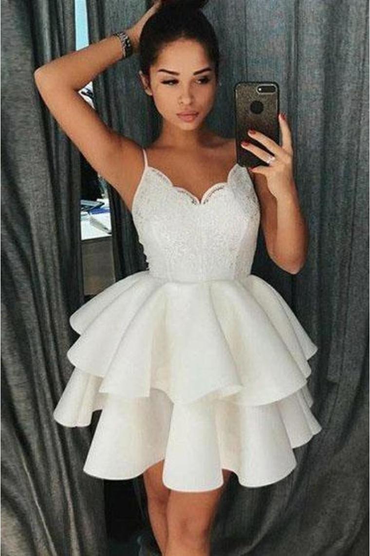 Simple Spaghetti Straps Short Homecoming Dress With Lace, Satin Graduation