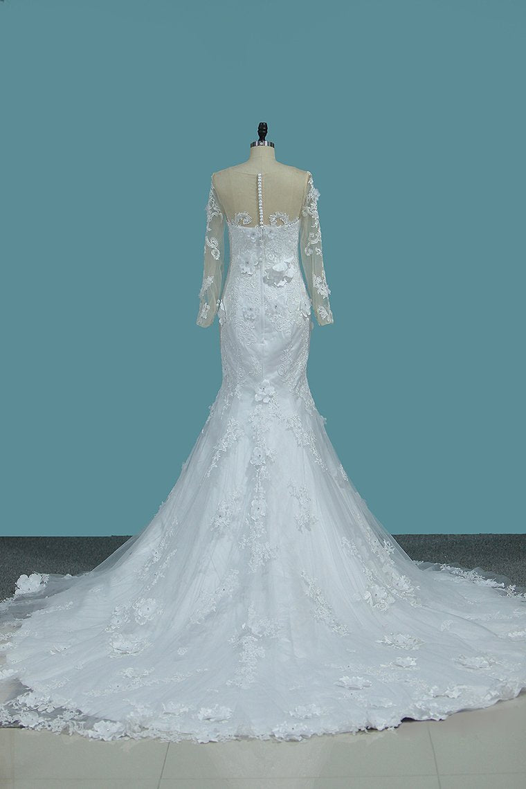 2024 Scoop Long Sleeves Mermaid Wedding Dresses With Applique Tulle Chapel