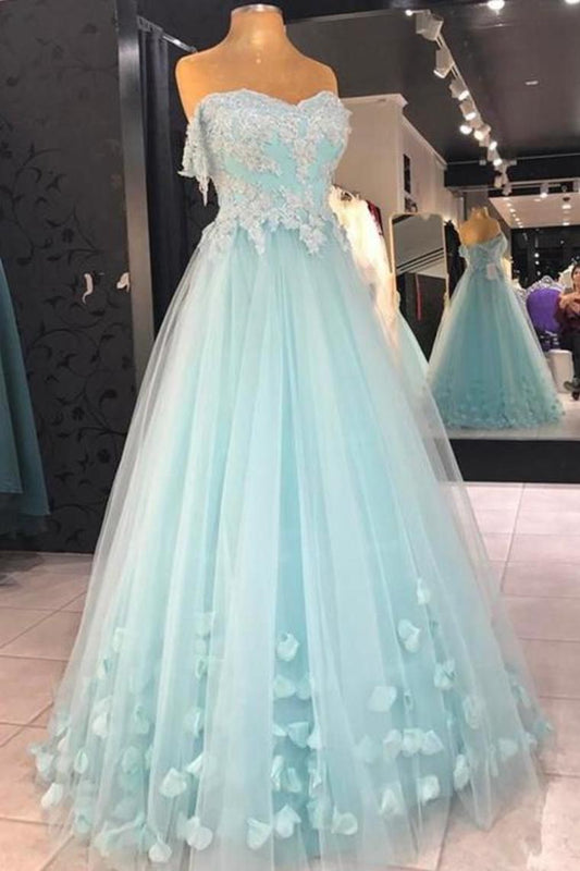 Cheap A Line Strapless Floor Length Tulle Prom Dress With Flowers Appliqued Formal STCPS5H8PGM