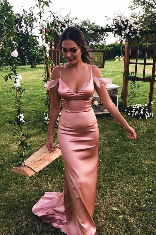 Unique Spaghetti Straps Pink Mermaid Prom Dresses Off the Shoulder Evening Formal Dresses STC15468