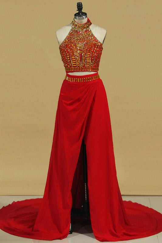 Two-Piece High Neck With Beading Chiffon Prom