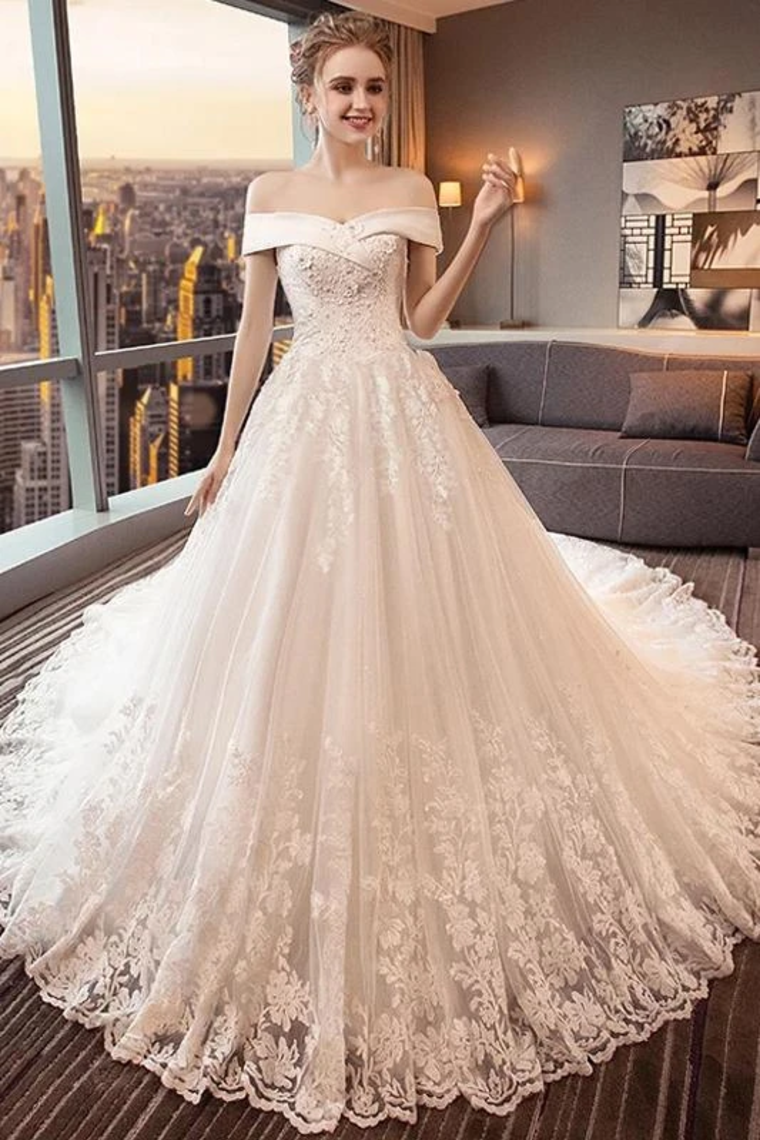 Gorgeous Off The Shoulder Lace Cathedral Train Wedding Dresses Princess Bridal STCPT58L82L