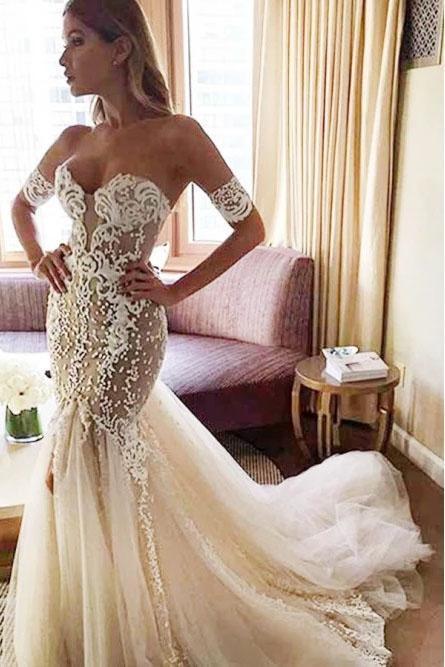 Charming Mermaid Sweetheart Backless Tulle Wedding Dresses with Lace Appliques STC15111