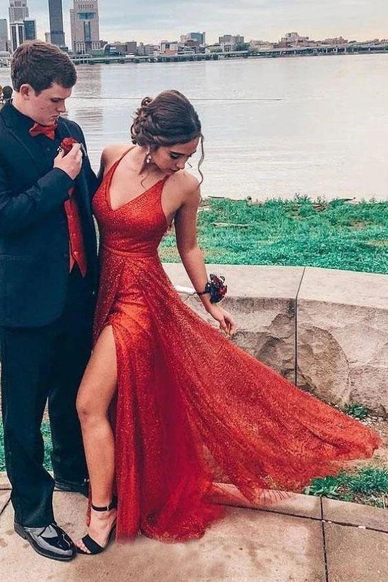 Sparkly V Neck A Line Red Spaghetti Straps Prom Dresses with Slit, Evening STC15675