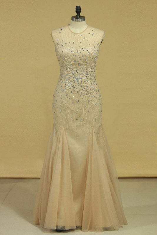 Sleeveless Mermaid Prom Dresses Beaded With A Starburst Of Bugle Beads And Clear Crystals