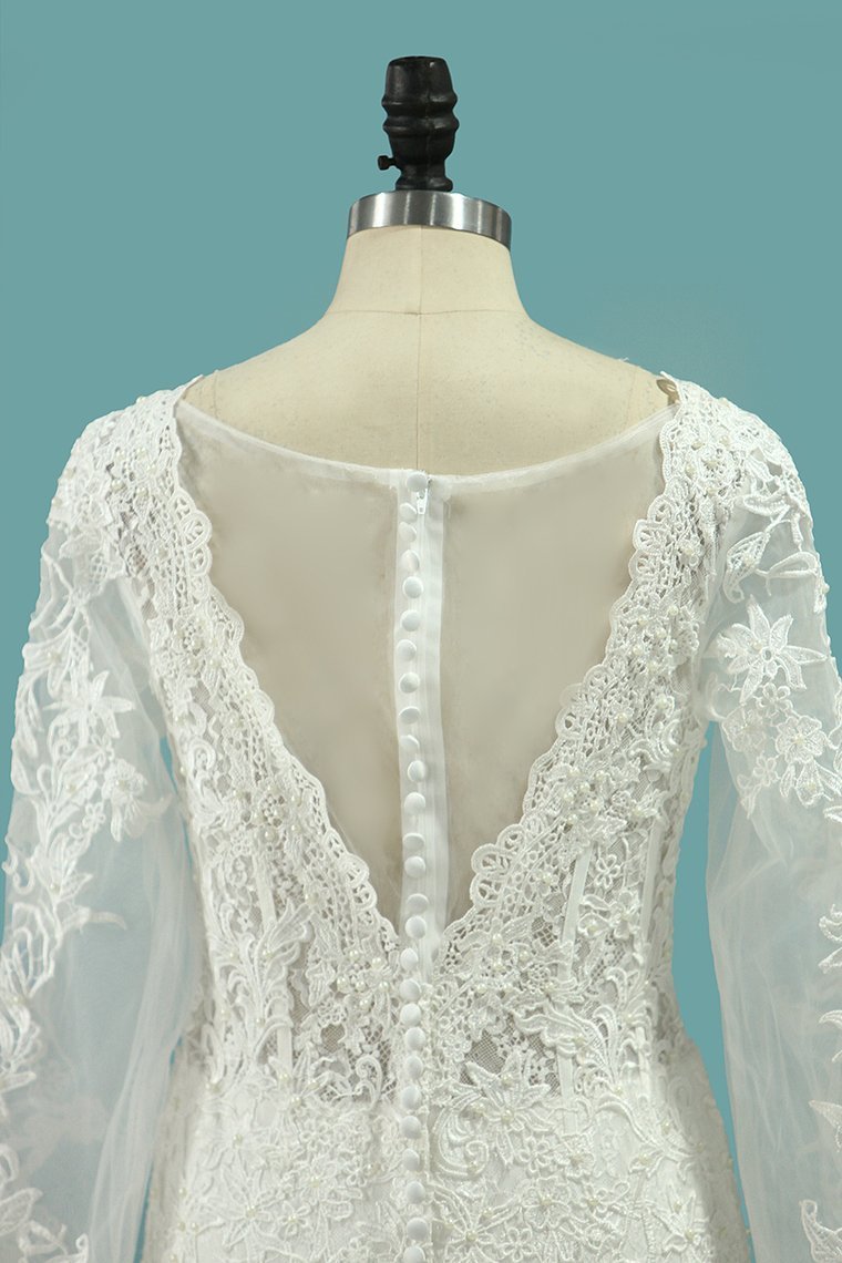 2024 Elegant Mermaid Wedding Dresses Scoop Tulle With Appliques Long Sleeves Zipper