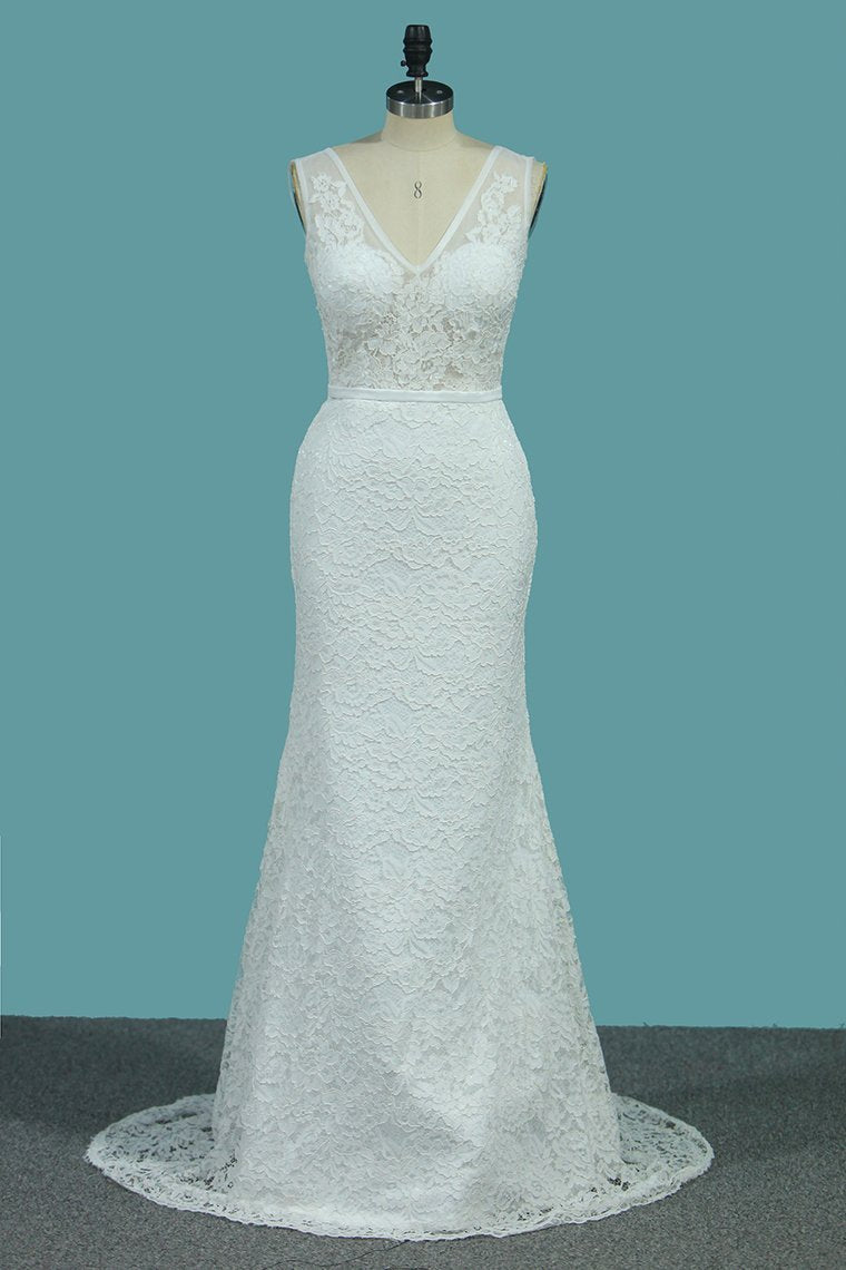2024 Lace V Neck Wedding Dresses Mermaid With Sash Court