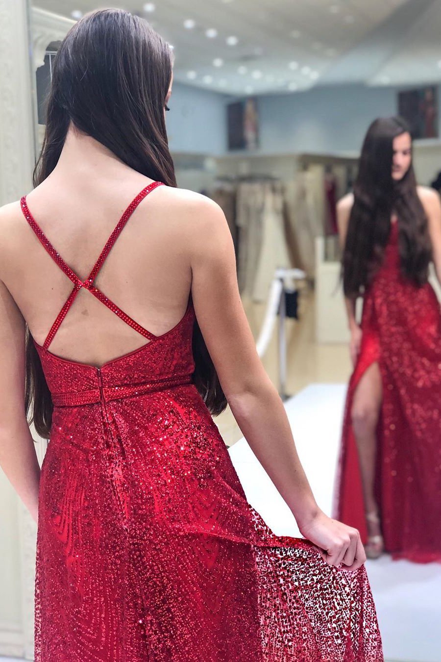 Sparkly V Neck A Line Red Spaghetti Straps Prom Dresses with Slit, Evening STC15675