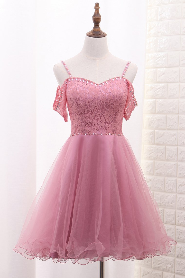 2024 A Line Tulle & Lace Spaghetti Straps Homecoming Dresses With