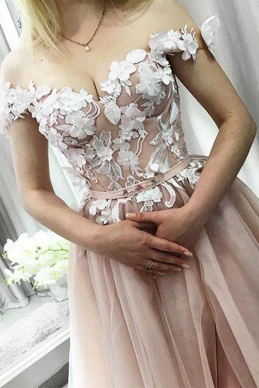A Line Off the Shoulder Sweetheart Beads Tulle Pink Prom Dresses with Applique STC15007