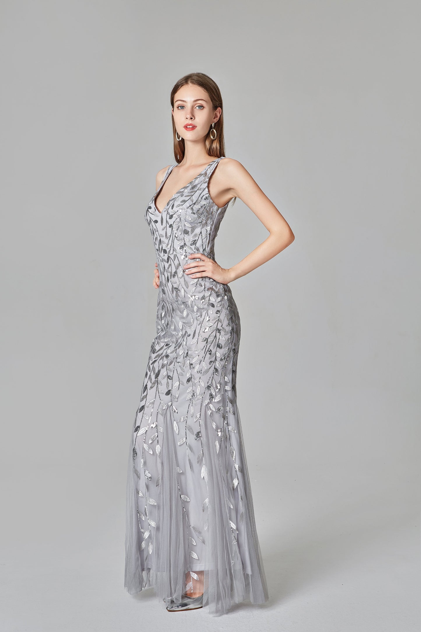 Sexy V Neck Silver Mermaid Prom Dresses, Embroidered Sequins Long Evening Dresses STC15368