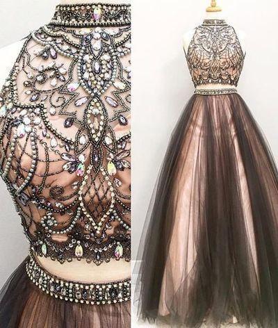 Two pieces A line Beaded Tulle prom dress dresses for prom Long prom dress