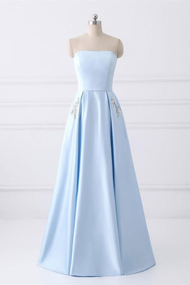 Charming Strapless Light Blue Lace Up Open Back Long Prom Dresses With