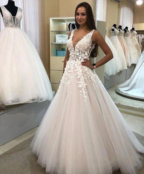 A Line V-neck Long Tulle Wedding Dress with Appliques, Cheap Bridal Dresses STC15045